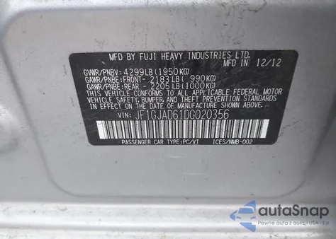 2013 Subaru Impreza 2.0I Premium from USA, damaged, VIN JF1GJAD61DG020356
